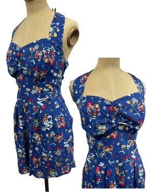 Torrid Retro Chic Romper 00 M/L 10 Halter Mermaid Print Chalis Royal Blue